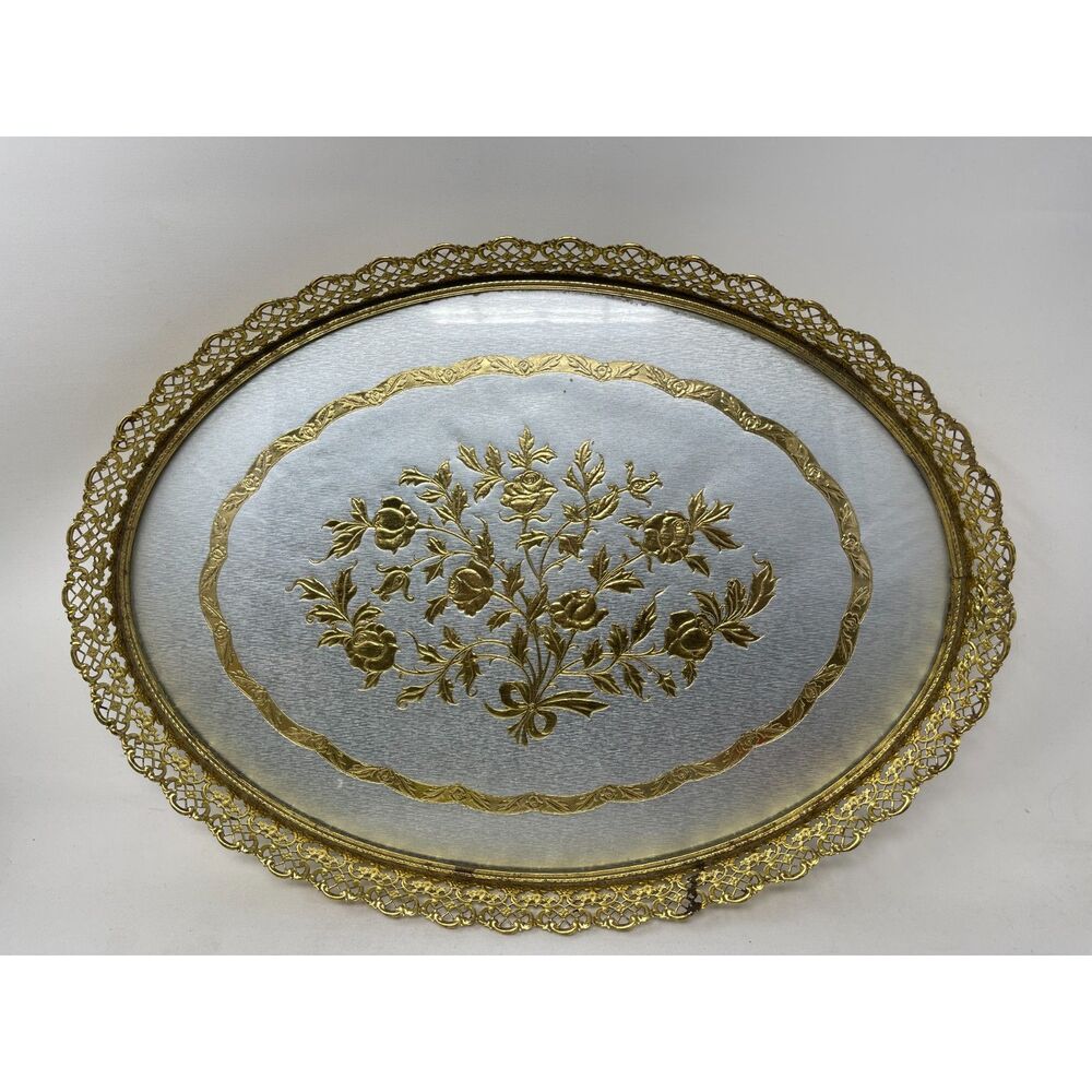 Vintage MCM Stylebuilt Oval Gold Mirror Vanity Tray Roses 60s Hollywood Regency